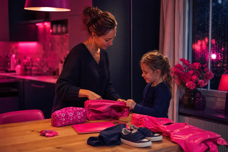 Mère et enfant préparant calmement le cartable avant la reprise scolaire