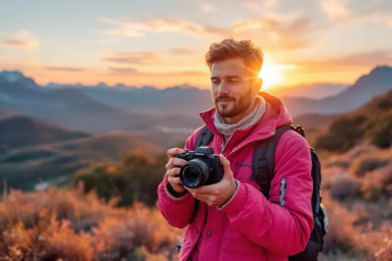 Voyageuse cadrant une photo au smartphone dans une rue enneigée au crépuscule