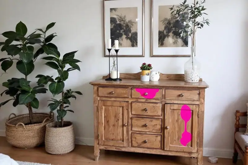Buffet ancien en noyer associé à un salon contemporain lumineux et épuré