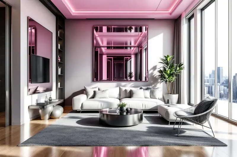 Grand miroir arqué reflétant une fenêtre dans un salon lumineux