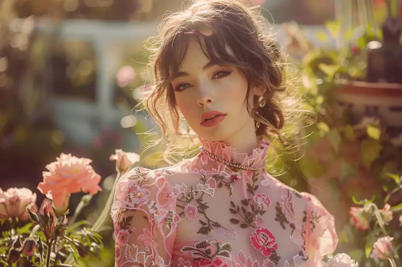 Femme portant une robe florale sombre avec manteau structuré et bottines noires