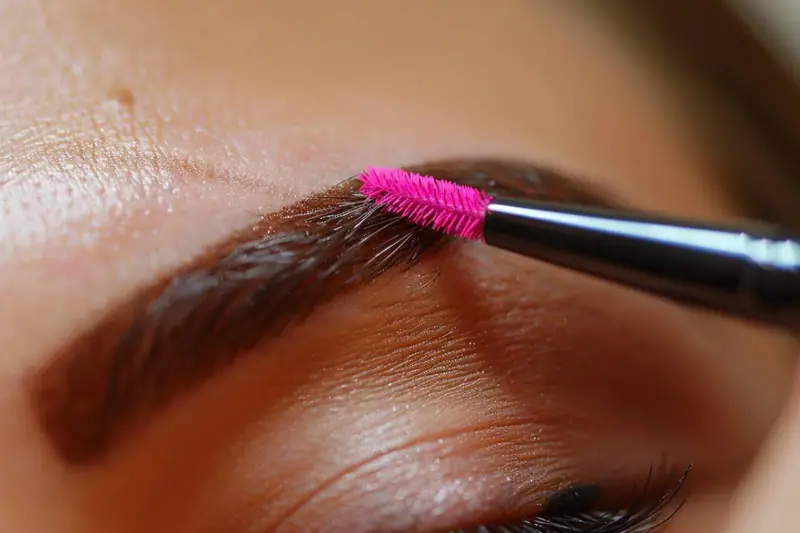 Femme brossant un sourcil naturel avec gel et crayon fin