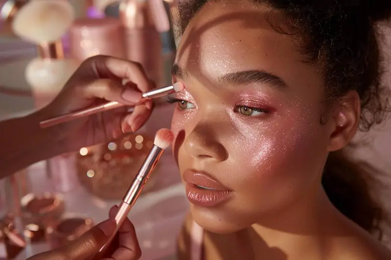Femme appliquant une poudre fine pour fixer un teint léger et lumineux