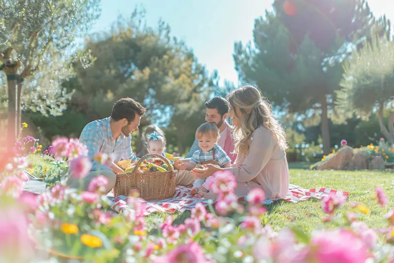 Famille installée pour un pique-nique d’automne avec glacière et couverture imperméable