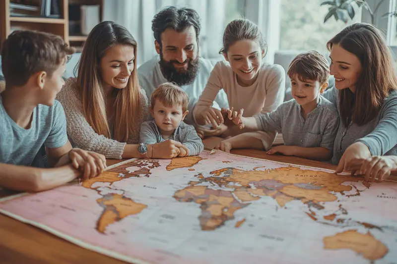 Famille de trois générations préparant calmement son départ en vacances