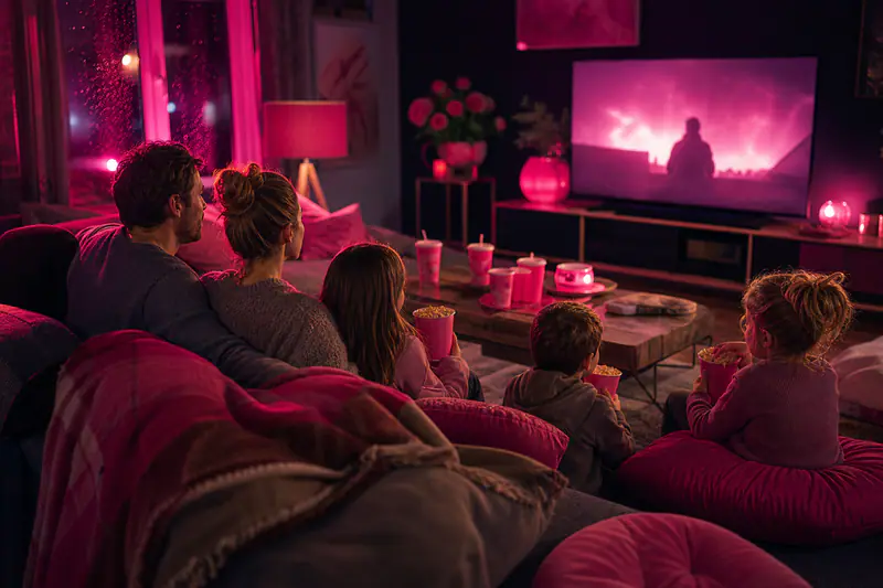 Famille installée devant un film avec popcorn dans un salon chaleureux