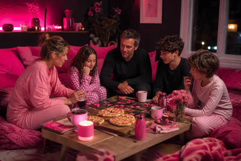Famille en pyjama jouant dans un salon aménagé pour la nuit