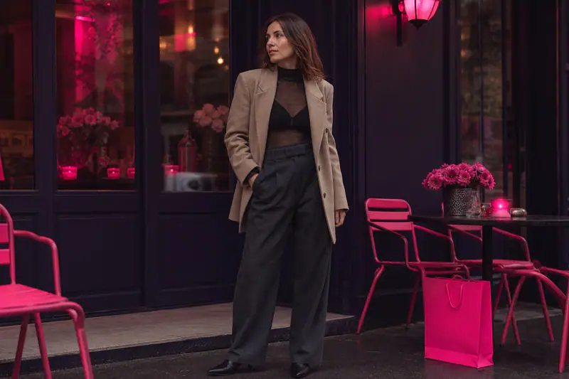 Femme en top tulle noir sous blazer et pantalon en laine