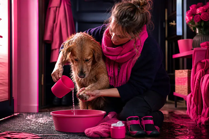 Une femme rince les coussinets de son chien après une sortie hivernale.