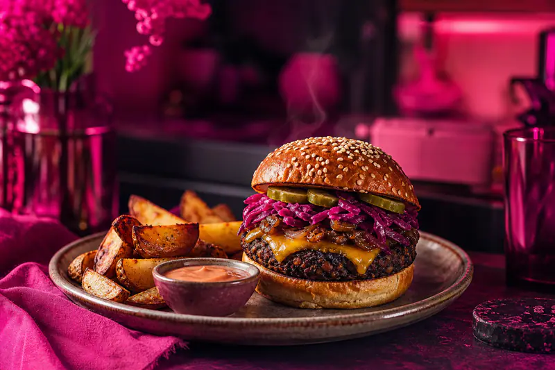 Burger végétarien maison avec galette de lentilles, cheddar, chou rouge et potatoes