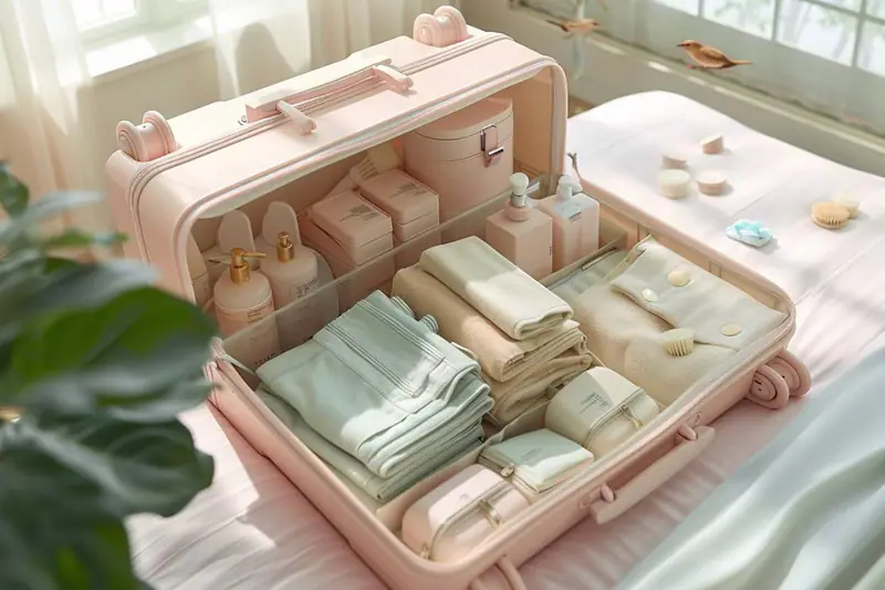 Valise cabine minimaliste ouverte avec vêtements d’automne et trousse de toilette