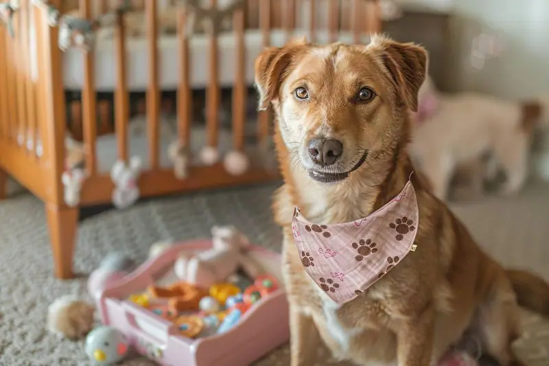 Chien calme sur son tapis derrière une barrière près d’un nouveau-né