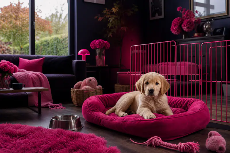 Chiot installé dans un salon sécurisé avec parc et panier lavable