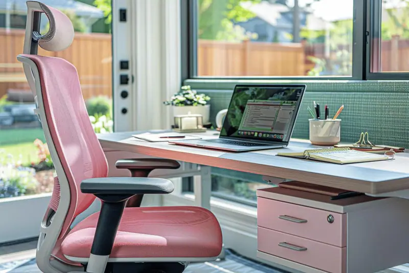 Bureau maison organisé près d’une fenêtre avec écran, lampe et rangements discrets