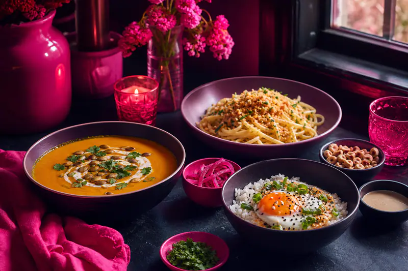 Soupes, pâtes et riz sublimés par sauces, graines et herbes fraîches