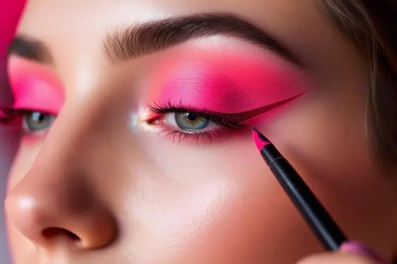 Femme appliquant un eyeliner liquide noir avec une virgule fine et nette.