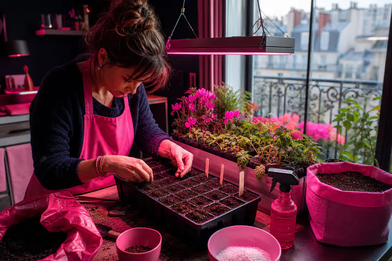 Semis en alvéoles sous lampe horticole sur une table près du balcon