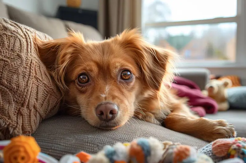Chat et chien occupés avec des jeux d’enrichissement dans un salon d’hiver