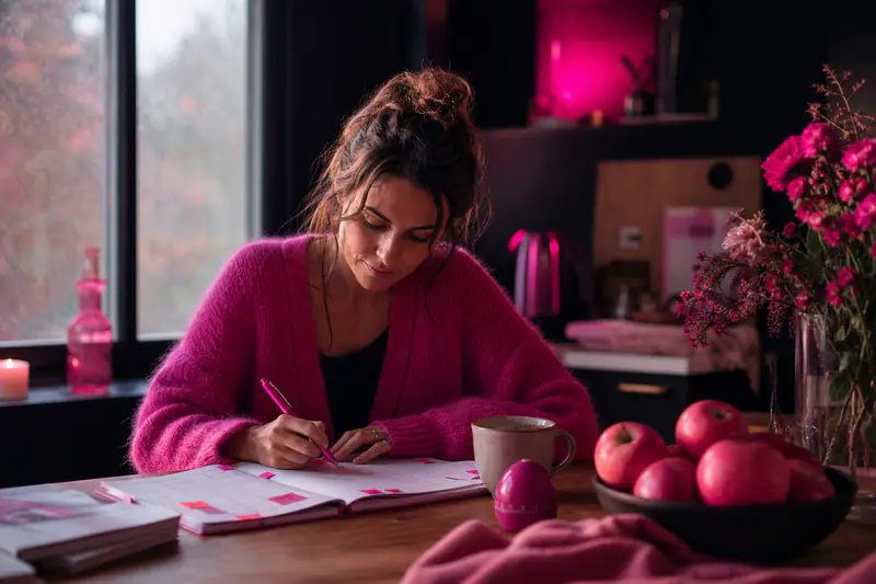 Femme planifiant des objectifs réalistes dans un agenda, un matin d’automne