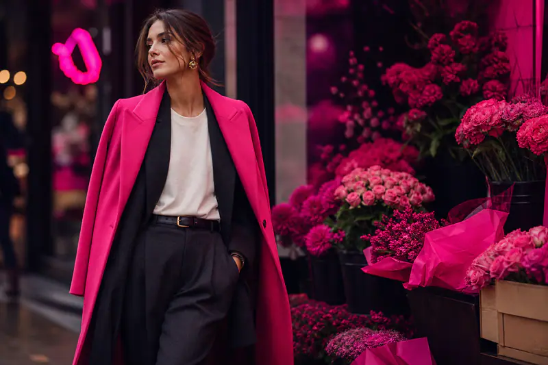 T-shirt blanc cassé stylisé avec blazer, pantalon à pinces et manteau d’hiver