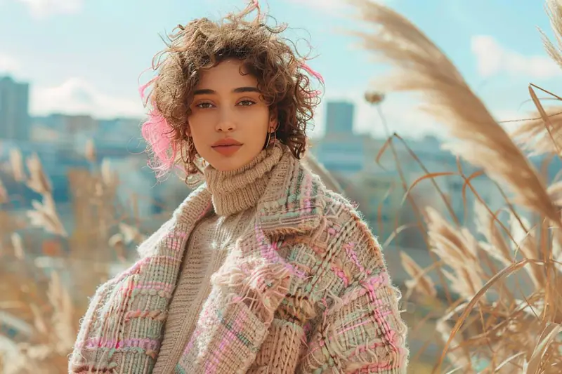 Femme en hiver portant col roulé, chemise, maille et manteau long