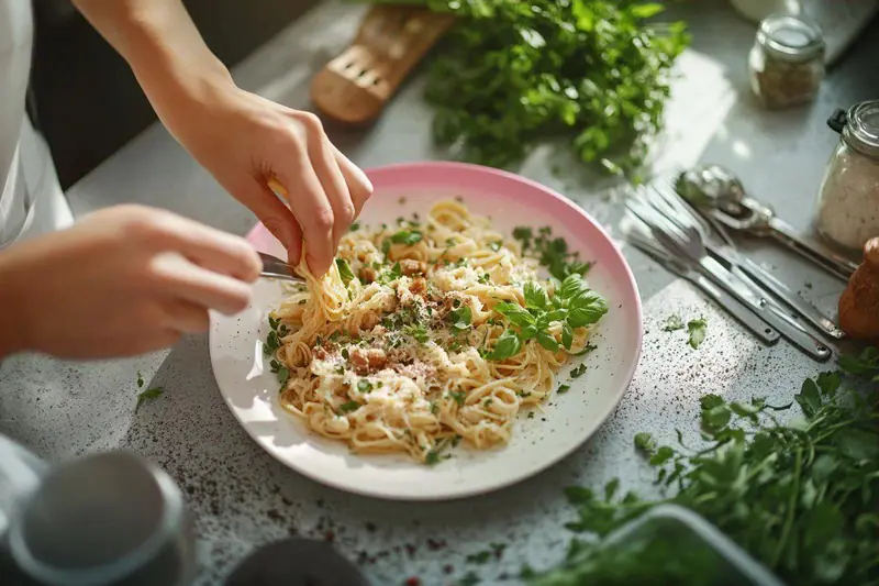 Spaghetti crémeux aux tomates cerises, courgettes, basilic et chapelure grillée