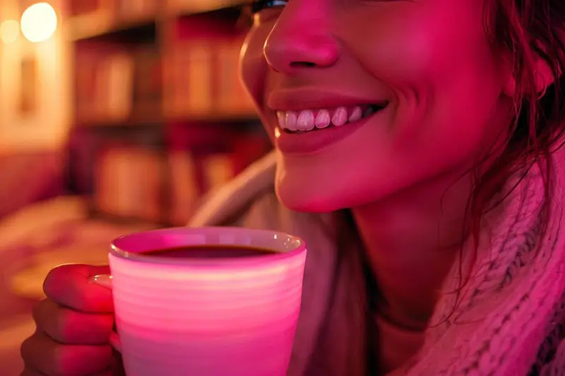 Femme savourant un thé près d’une fenêtre lors d’une soirée d’hiver.