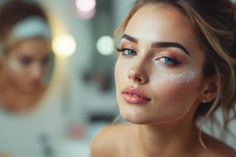 Femme appliquant un crayon prune pour transformer son maquillage avant une soirée
