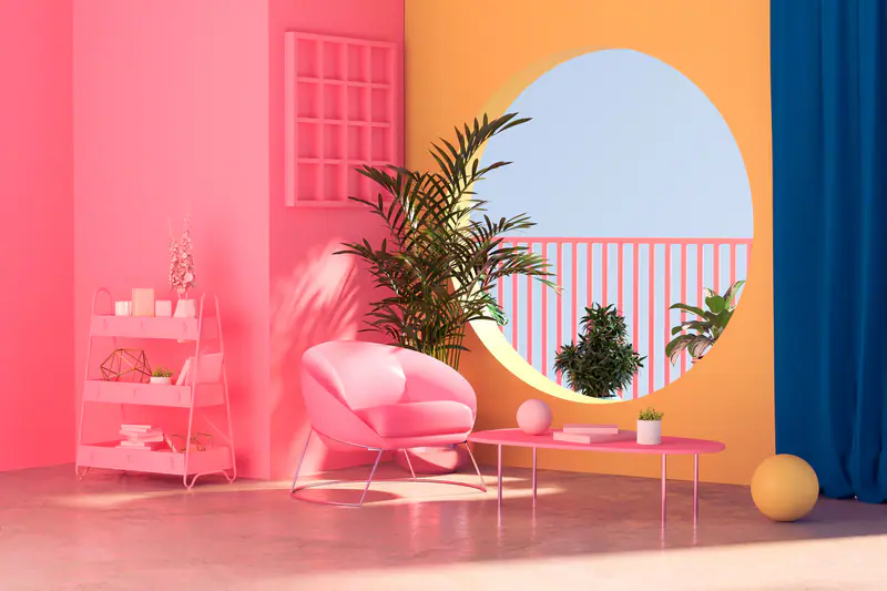 Petit salon lumineux avec rangements muraux hauts, miroir et circulation dégagée.