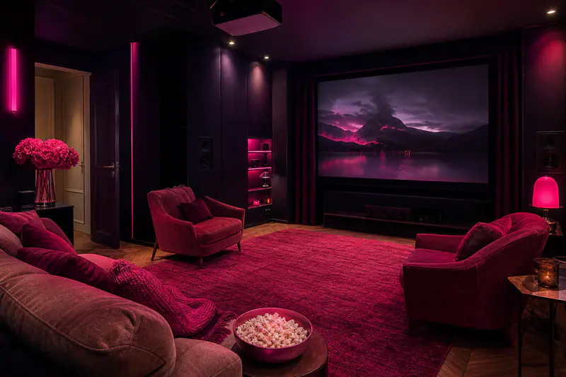 Pièce transformée en home cinéma avec écran, fauteuils, rideaux occultants et éclairage tamisé