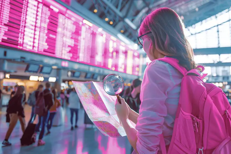 Voyageuse comparant des billets d’avion sur ordinateur avec calendrier et sac cabine