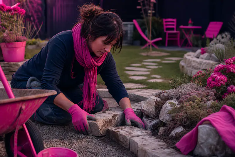 Pose de pierres naturelles pour bordure et pas japonais au jardin