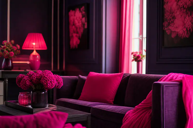Salon beige avec coussins, tapis et plaid à motifs coordonnés