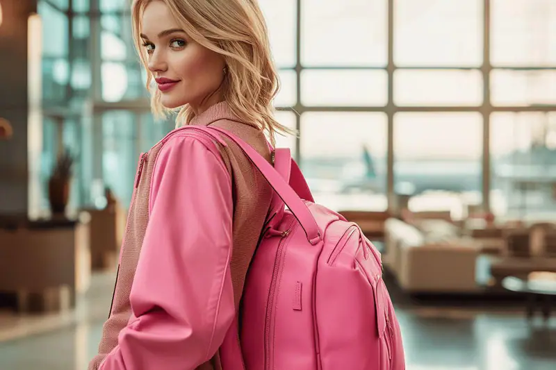 Voyageuse élégante en tenue automnale confortable avec valise cabine à la gare