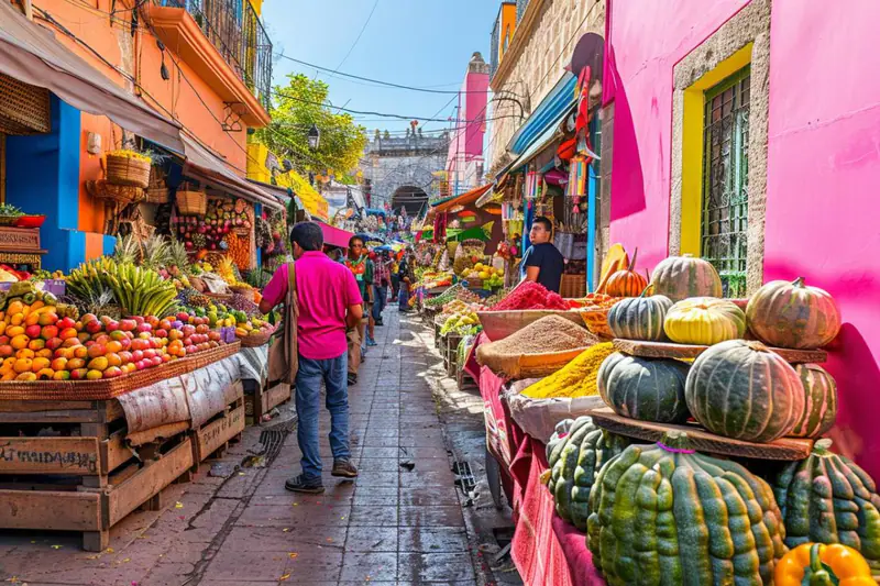 Voyageuse consultant un plan près d’un marché de quartier animé
