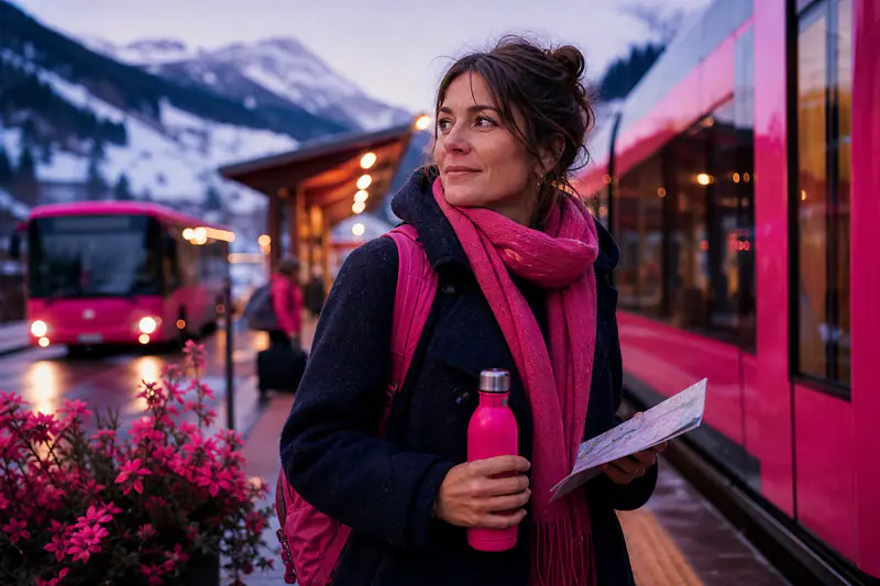 Voyageuse arrivant en train dans une vallée enneigée avec gourde réutilisable