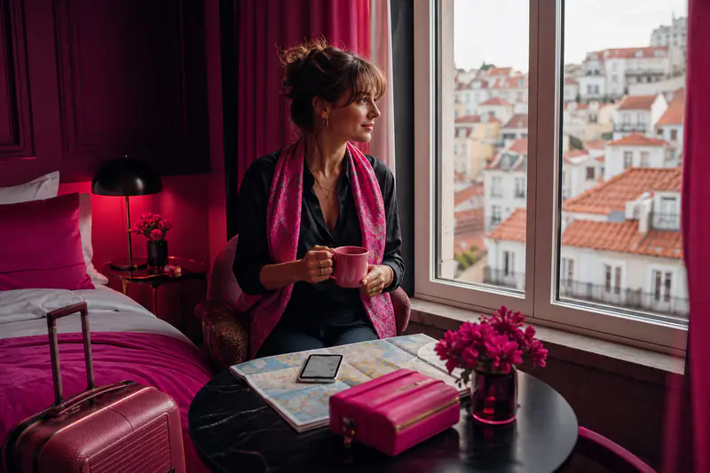 Voyageuse solo dans un boutique-hôtel avec valise et budget de voyage