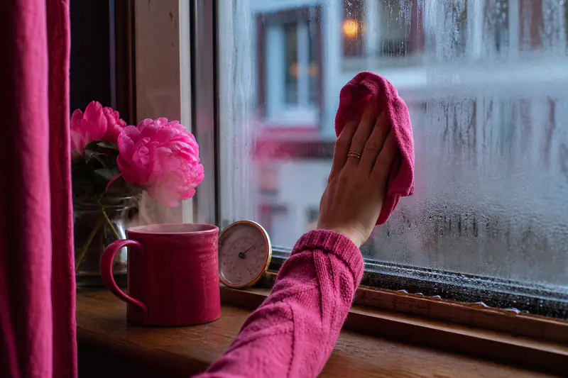 Fenêtre couverte de buée essuyée à la main, hygromètre et mug fumant sur le rebord