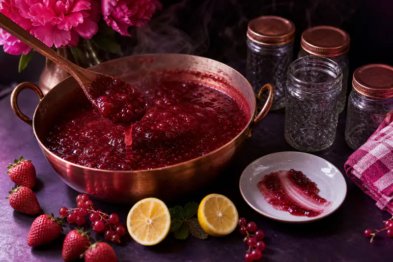 Bassine en cuivre pleine de confiture rouge, cuillère en bois, pots vides et citrons coupés
