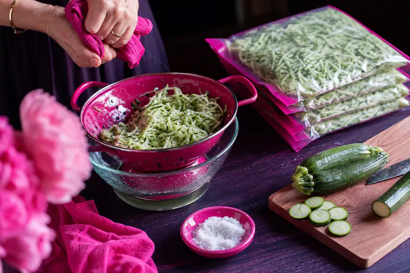 Courgettes râpées égouttant dans une passoire rose près de sacs de congélation aplatis