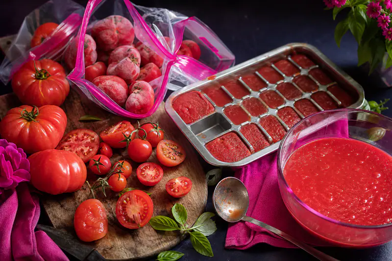 Tomates mûres du jardin, sacs de congélation et bac à glaçons rempli de coulis rouge sur un plan de travail