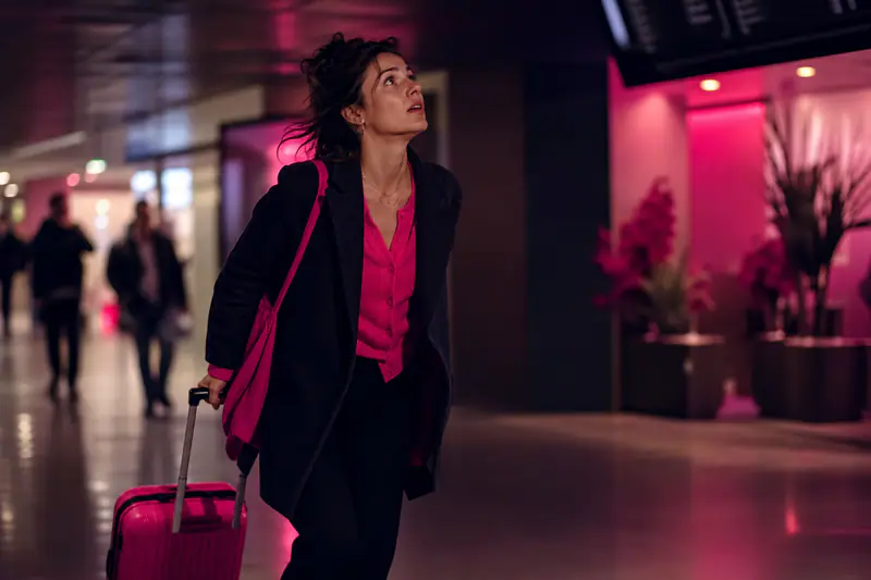 Femme pressée dans un aéroport, valise à roulettes, regardant un panneau d’affichage des départs