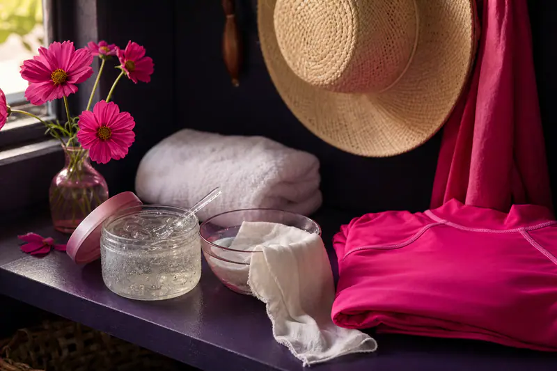 Gel d’aloe vera, linge humide et chapeau de paille posés sur une étagère sombre