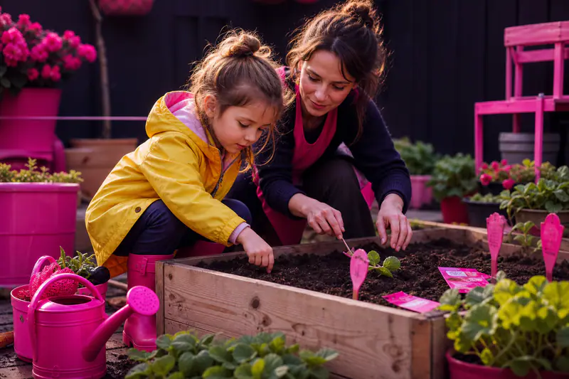 Enfant semant des radis dans un petit bac potager en bois