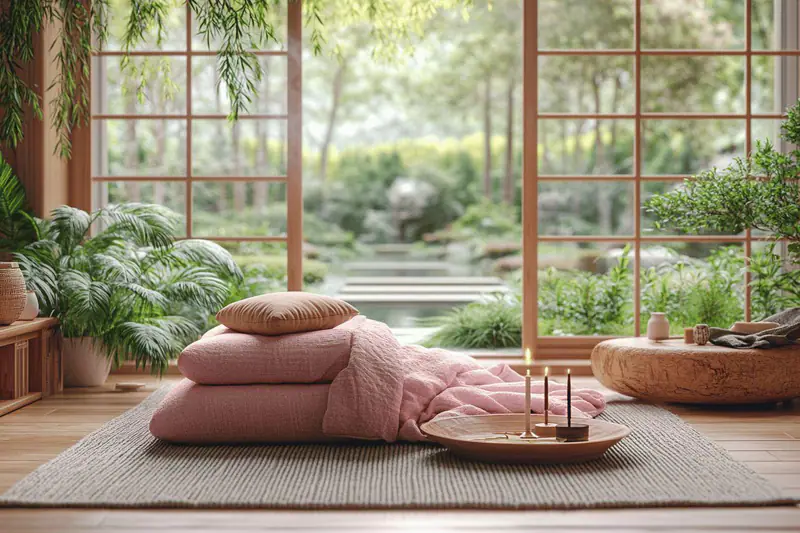 Coin détente zen lumineux avec fauteuil, plante, tapis et lampe chaude