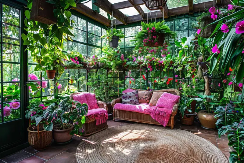 Petit jardin d’hiver intérieur avec étagère, plantes vertes et lumière naturelle