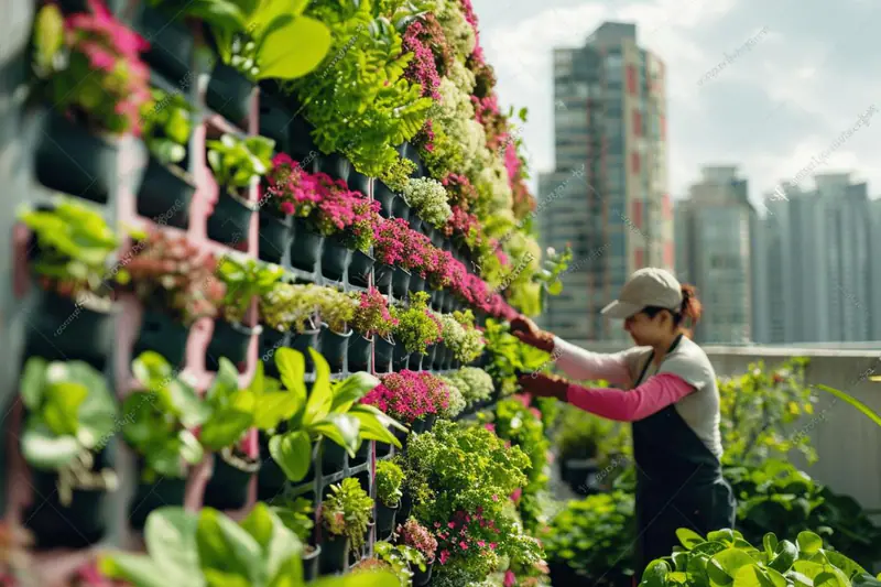 Potager vertical en bacs sur un petit balcon urbain en hiver