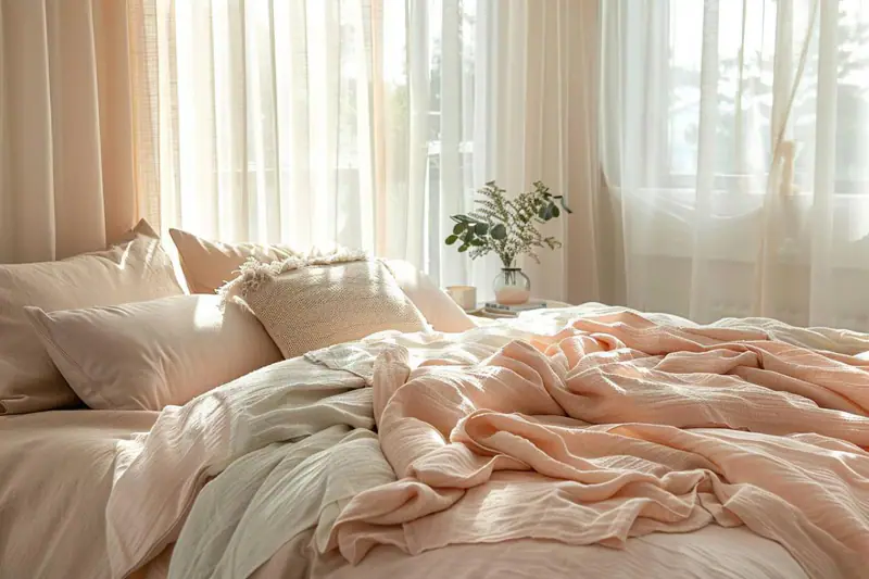 Chambre cocooning d’automne avec linge en coton, lampes chaudes et rangement discret