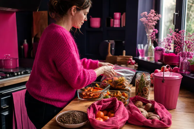 Cuisine d’hiver organisée avec restes, légumes, bocaux et composteur de table