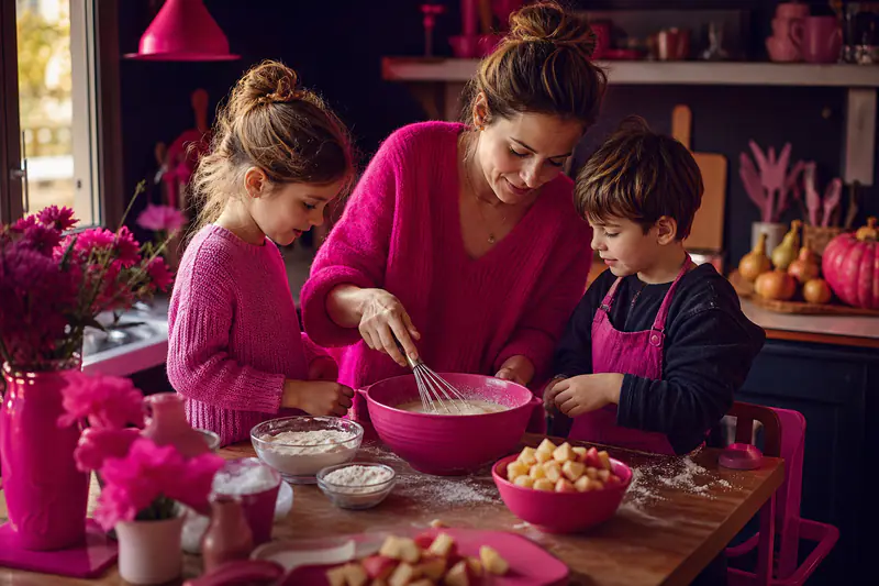 Deux enfants préparent un gâteau aux pommes avec un adulte en cuisine.